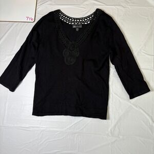 I.N.‎ Studio Womens Black Crochet V-Neck 3/4 Sleeve Knit Top Blouse Large